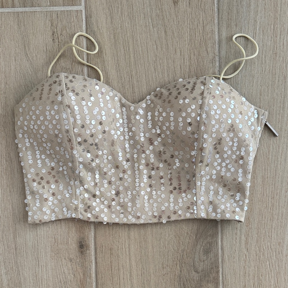 Superdown Nude Sequin Bustier Crop Top